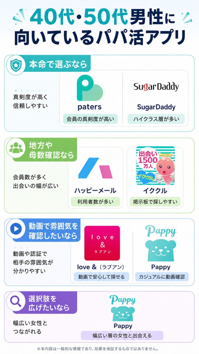 40代・50代男性に向いているパパ活アプリの選び方を解説する画像