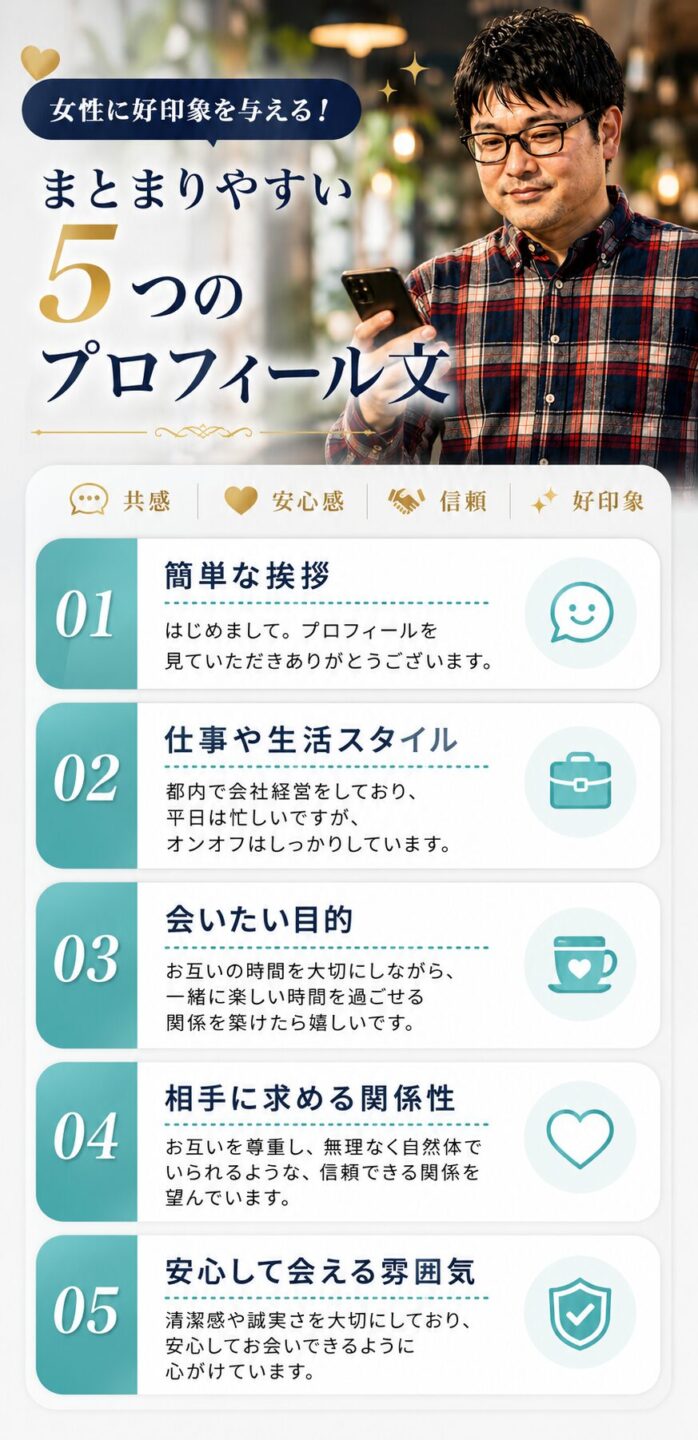 パパ活アプリの自己紹介文で意識したい5つのポイントを解説する画像
