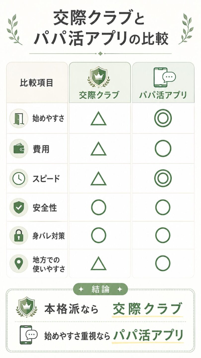 交際クラブとパパ活アプリのメリット・デメリットを始めやすさや費用で比較した表