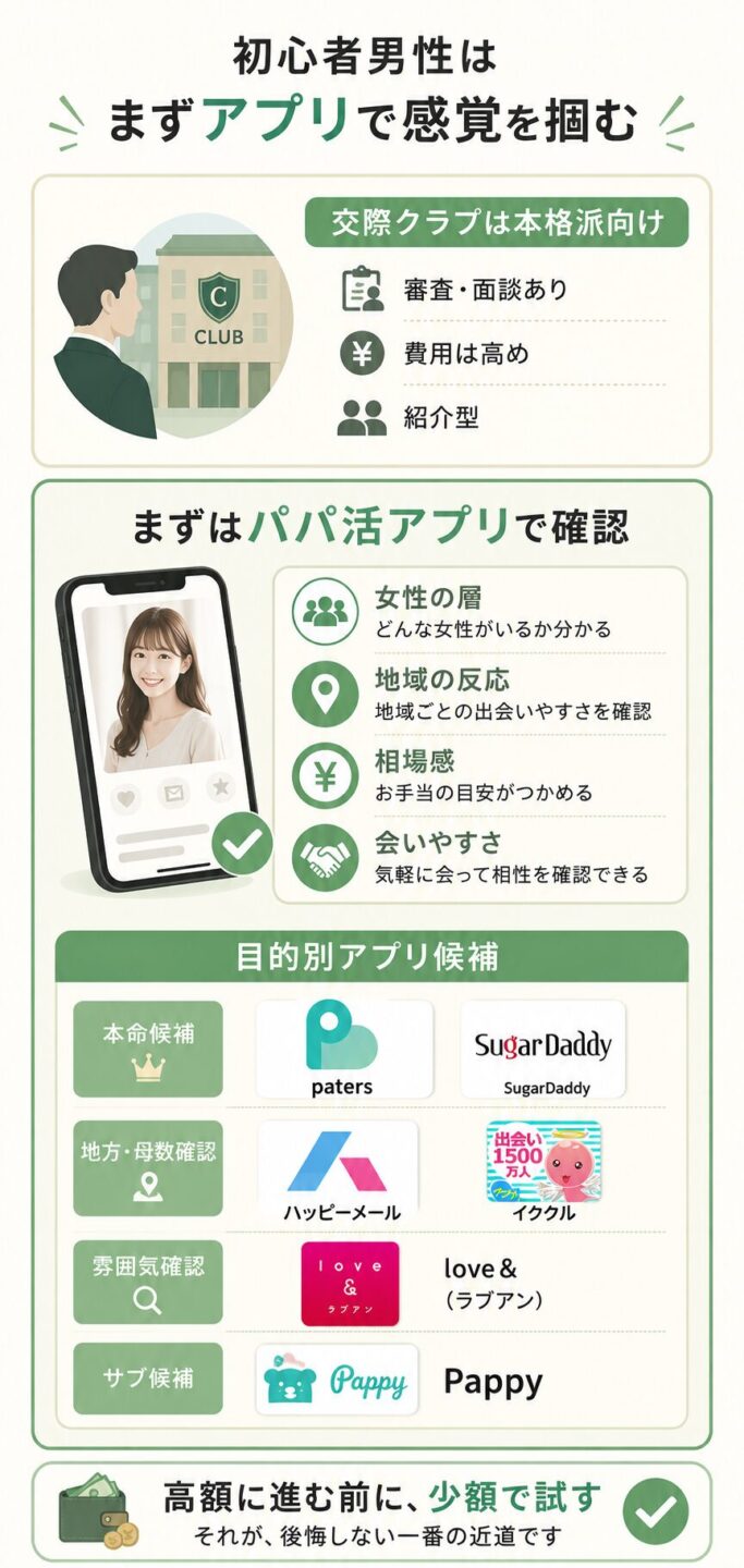 初心者男性はまずパパ活アプリで女性の層や相場感を確認する流れをまとめた画像