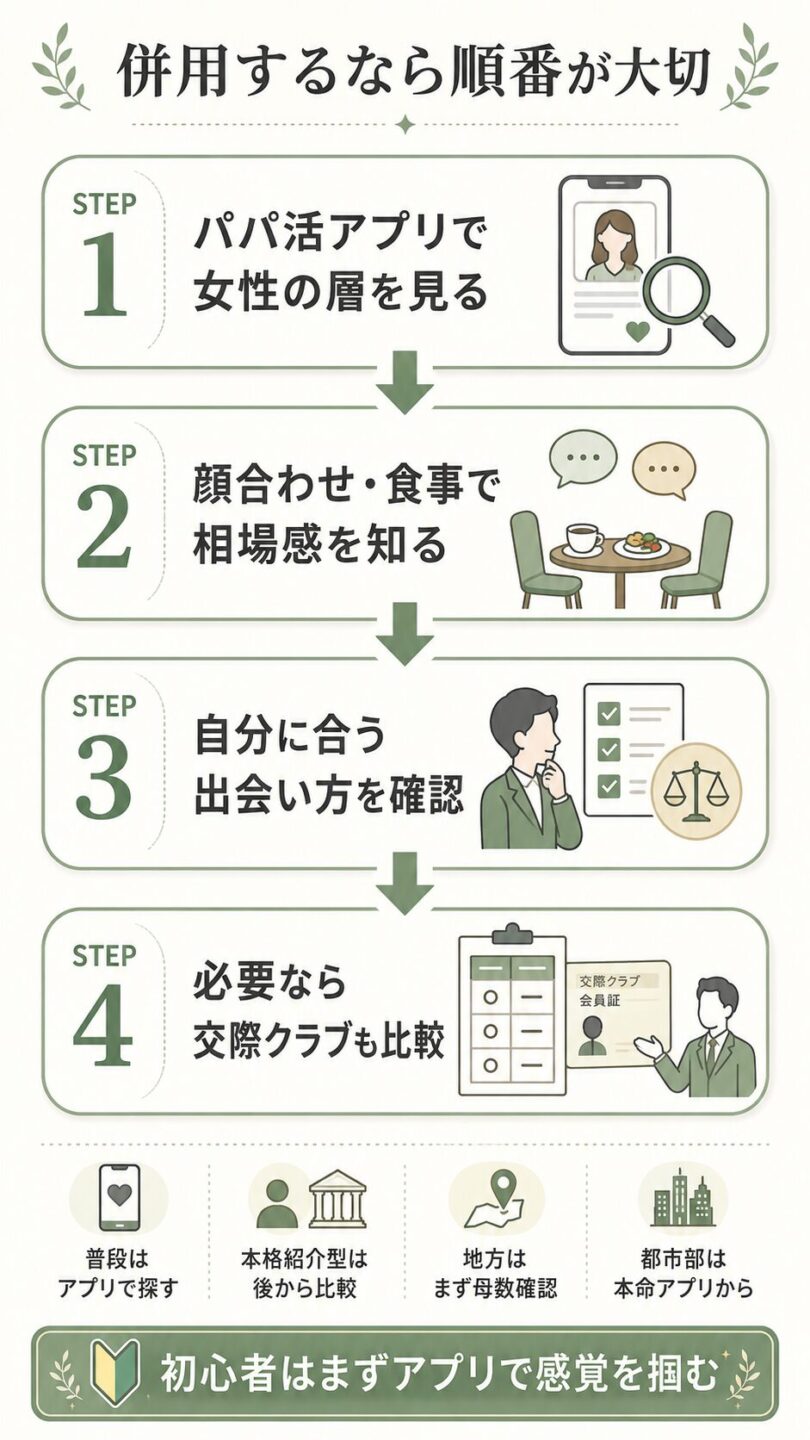 交際クラブとパパ活アプリを併用する順番を初心者向けに解説したフローチャート