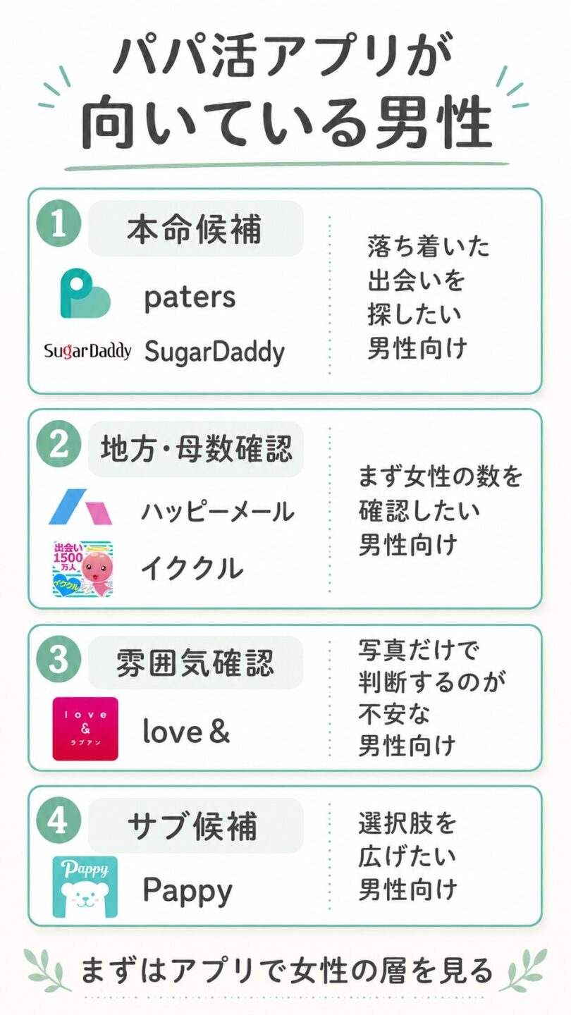 パパ活アプリが向いている男性を目的別サービスで整理した図解