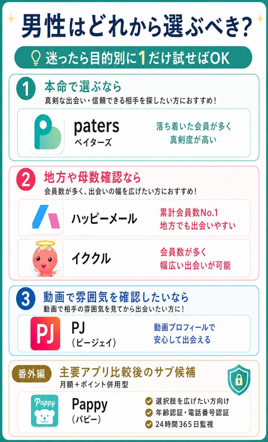 男性向けに目的別でおすすめのパパ活アプリを比較した選び方チャート