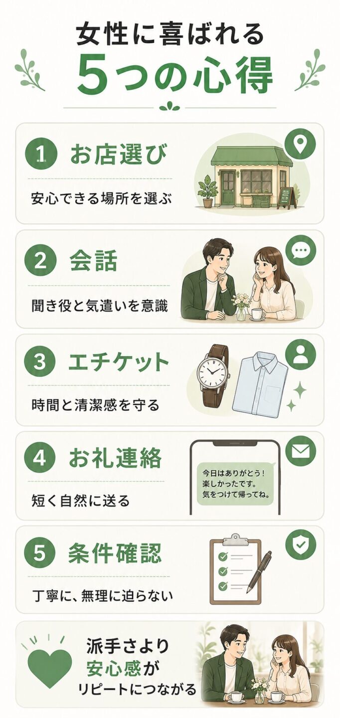 女性に喜ばれるパパ活デートの5つの心得をまとめた画像