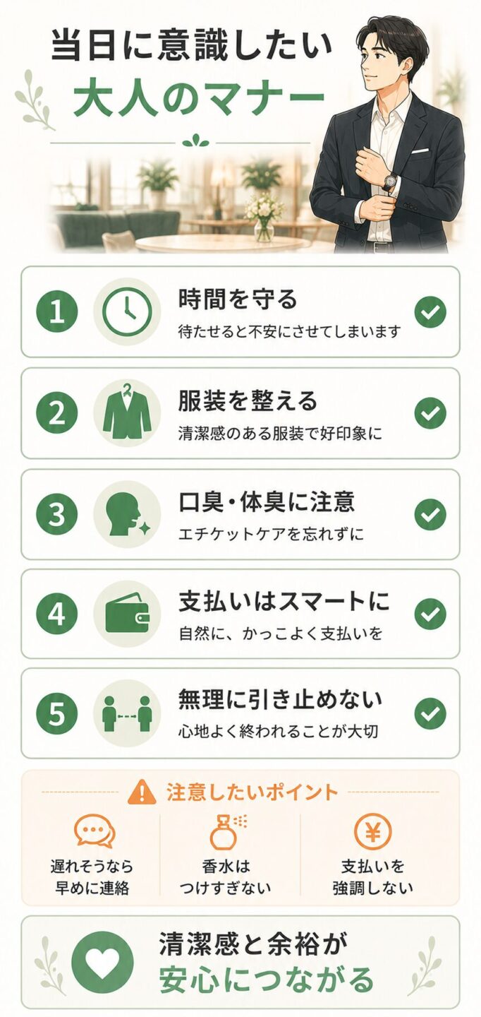 パパ活デート当日に男性が意識したい清潔感やマナーをまとめた画像