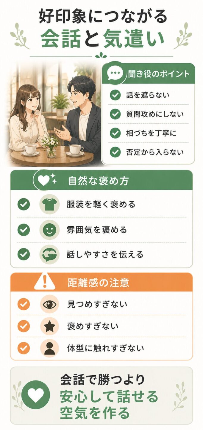 パパ活デートで女性に好印象を与える会話と気遣いをまとめた画像
