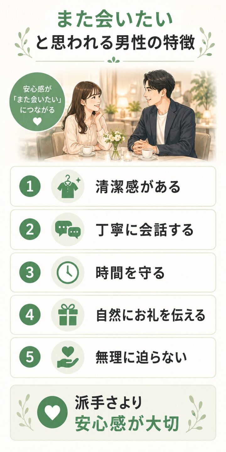 パパ活デートで女性にまた会いたいと思われる男性の特徴をまとめた画像