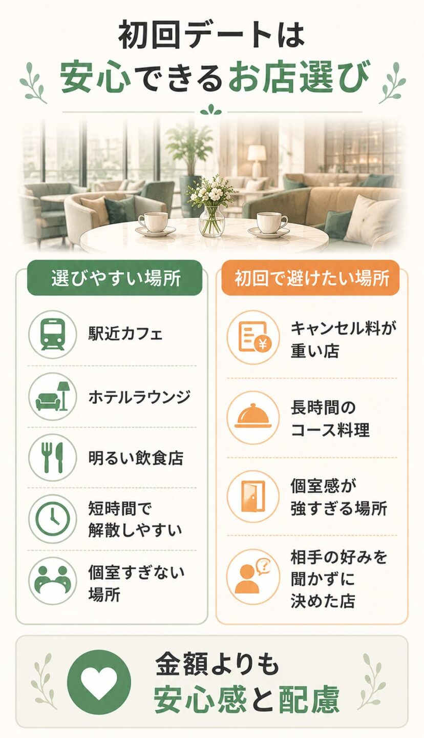 パパ活デートで女性が安心しやすいお店選びを解説した画像