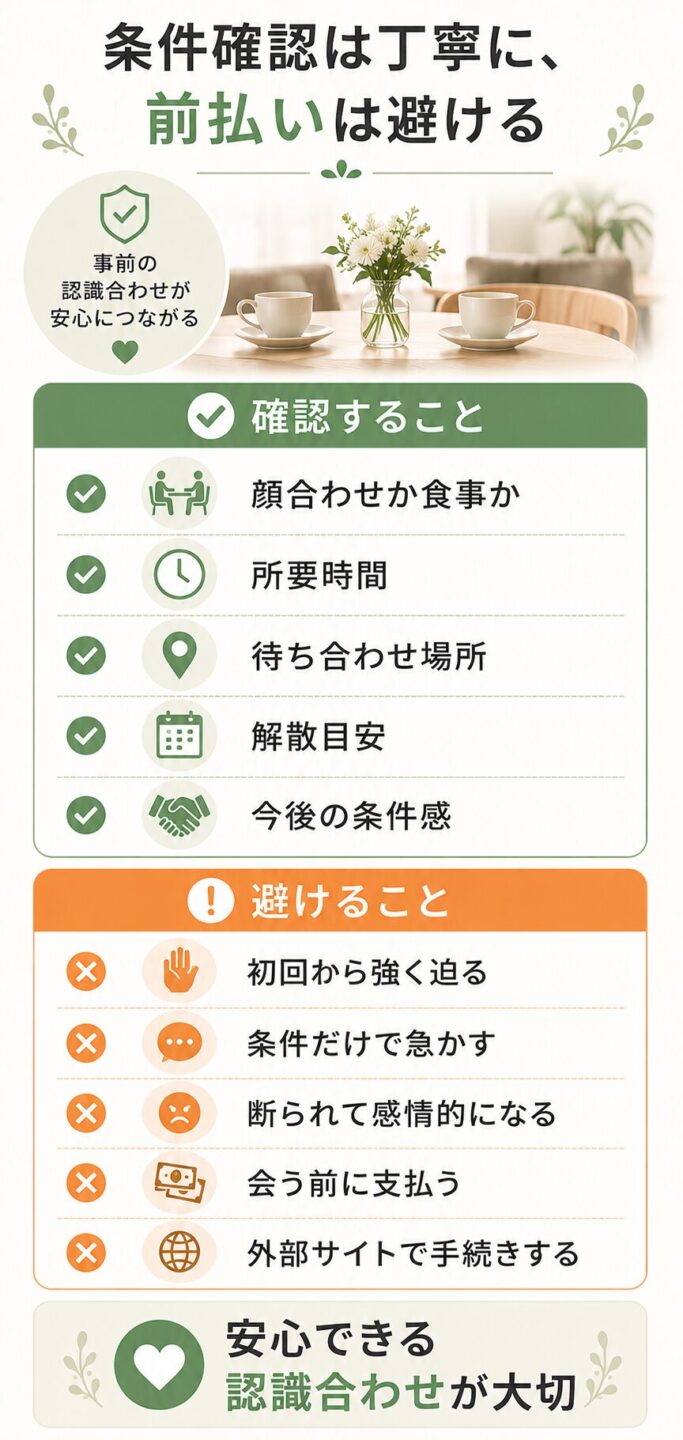 パパ活デート前に確認したい条件や前払いを避ける注意点をまとめた画像