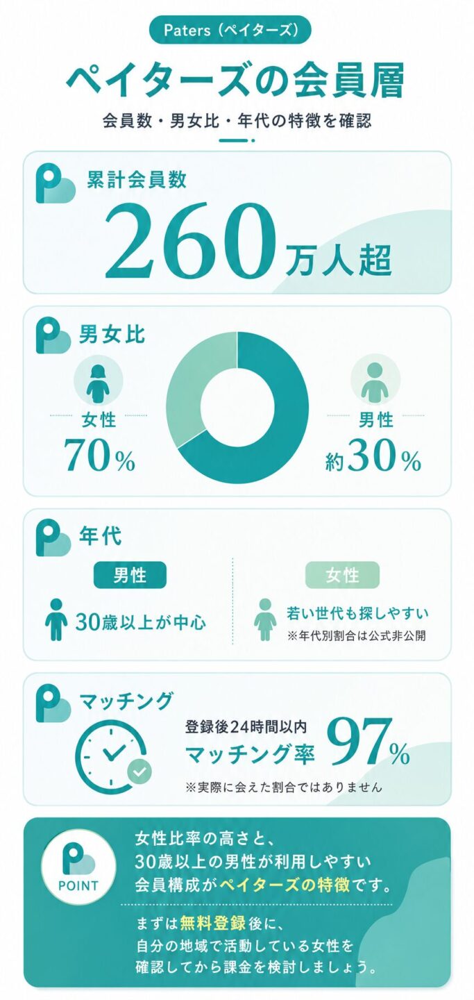 ペイターズの累計会員数や男女比など会員層データを解説する画像