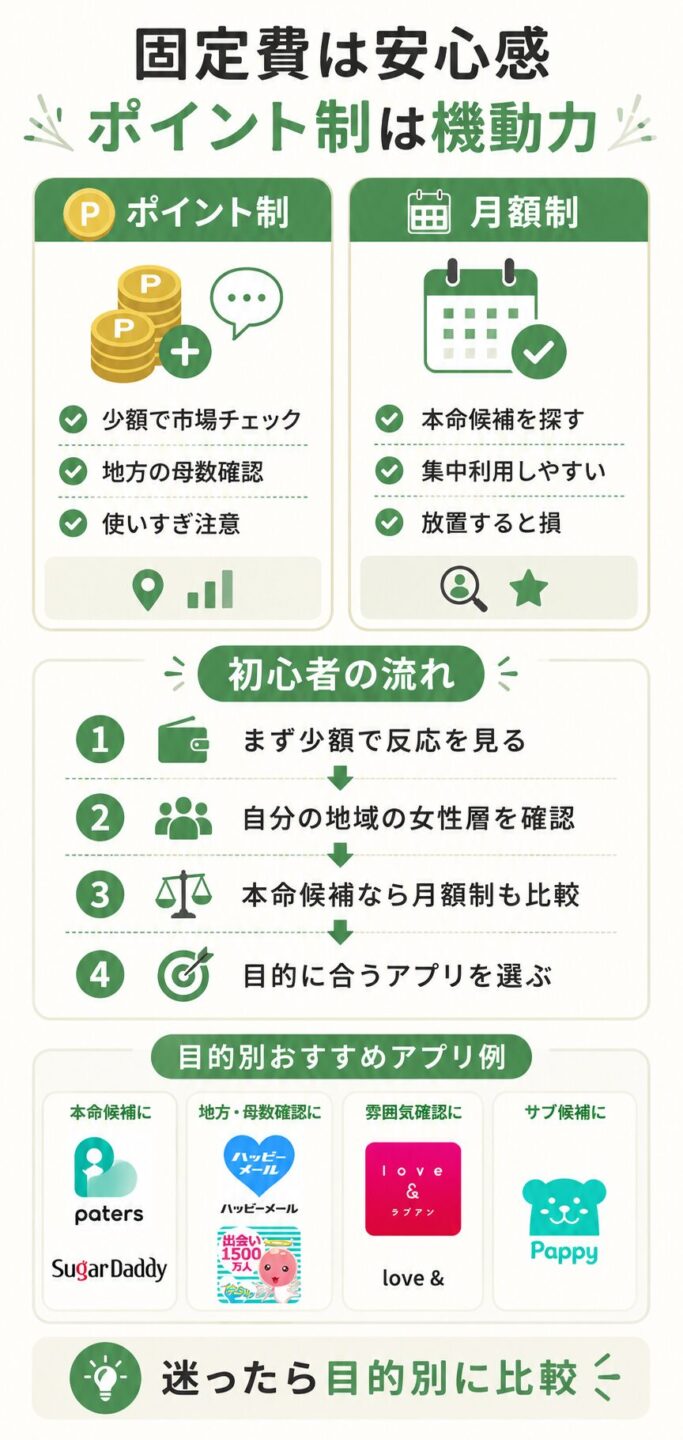ポイント制は少額確認、月額制は本命探しに向いている流れをまとめた画像