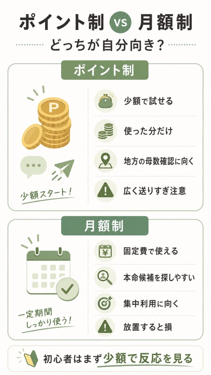 パパ活アプリのポイント制と月額制の違いを初心者向けに比較した図解