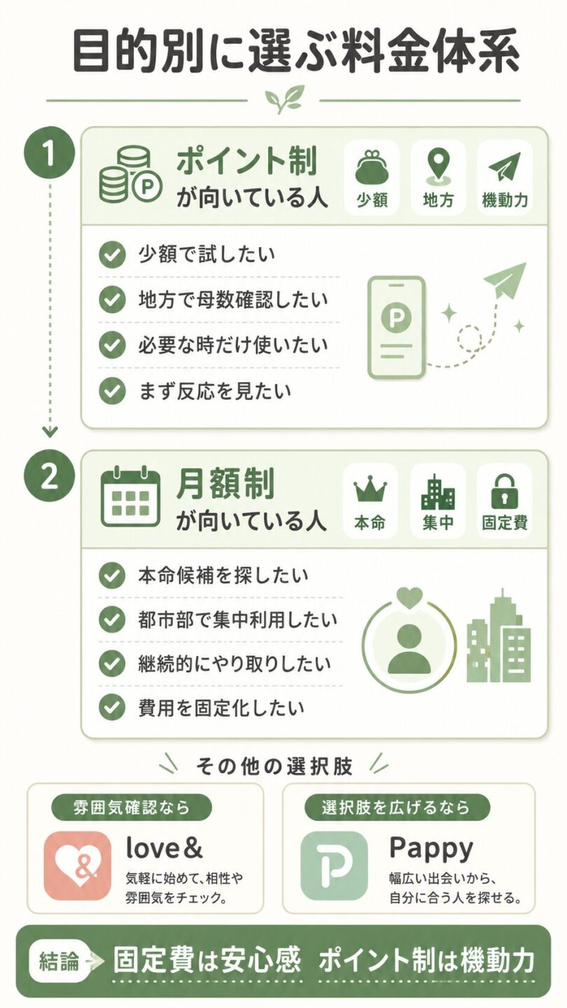 パパ活アプリのポイント制と月額制を目的別に選ぶ診断チャート