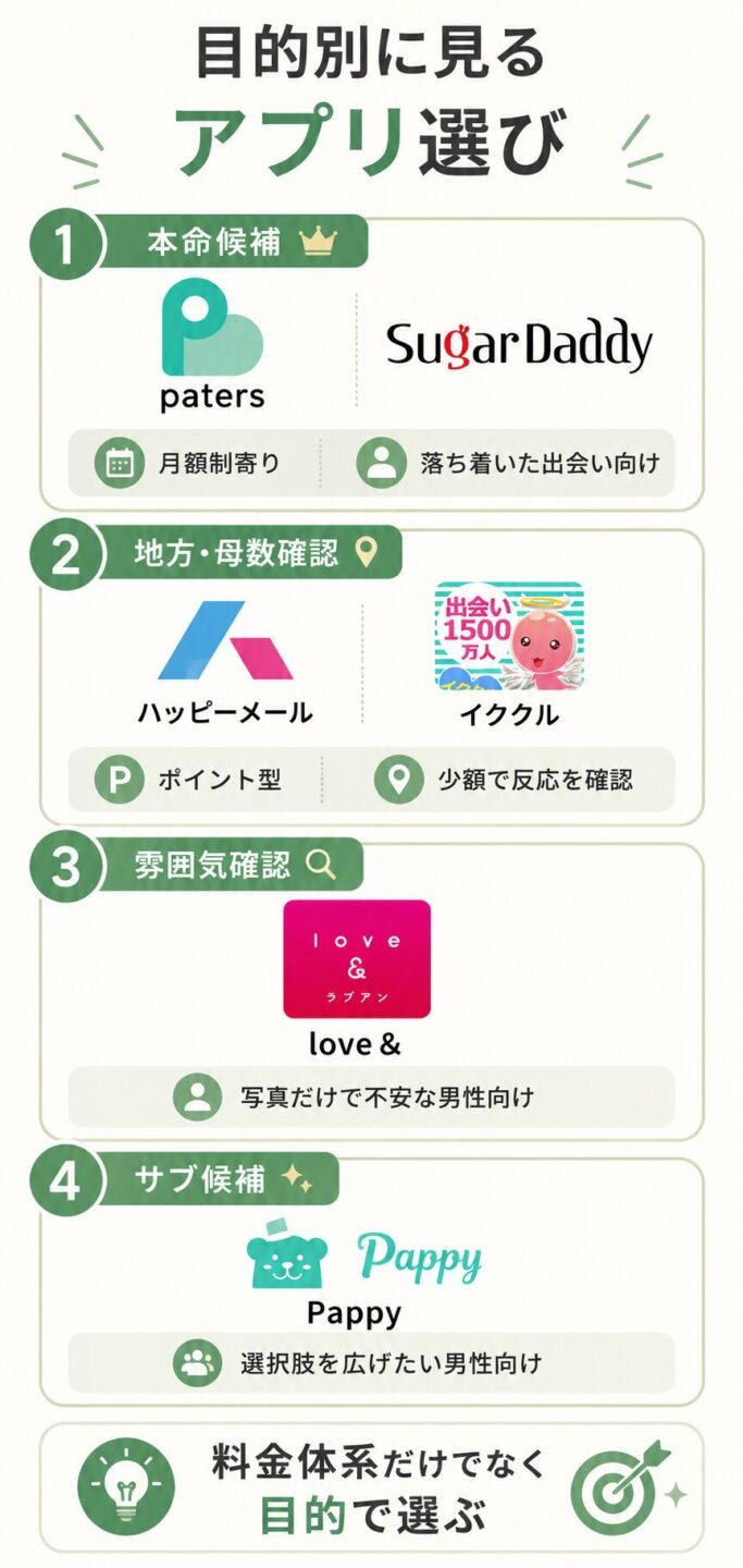 パパ活アプリを料金体系と目的別に整理したサービス比較図