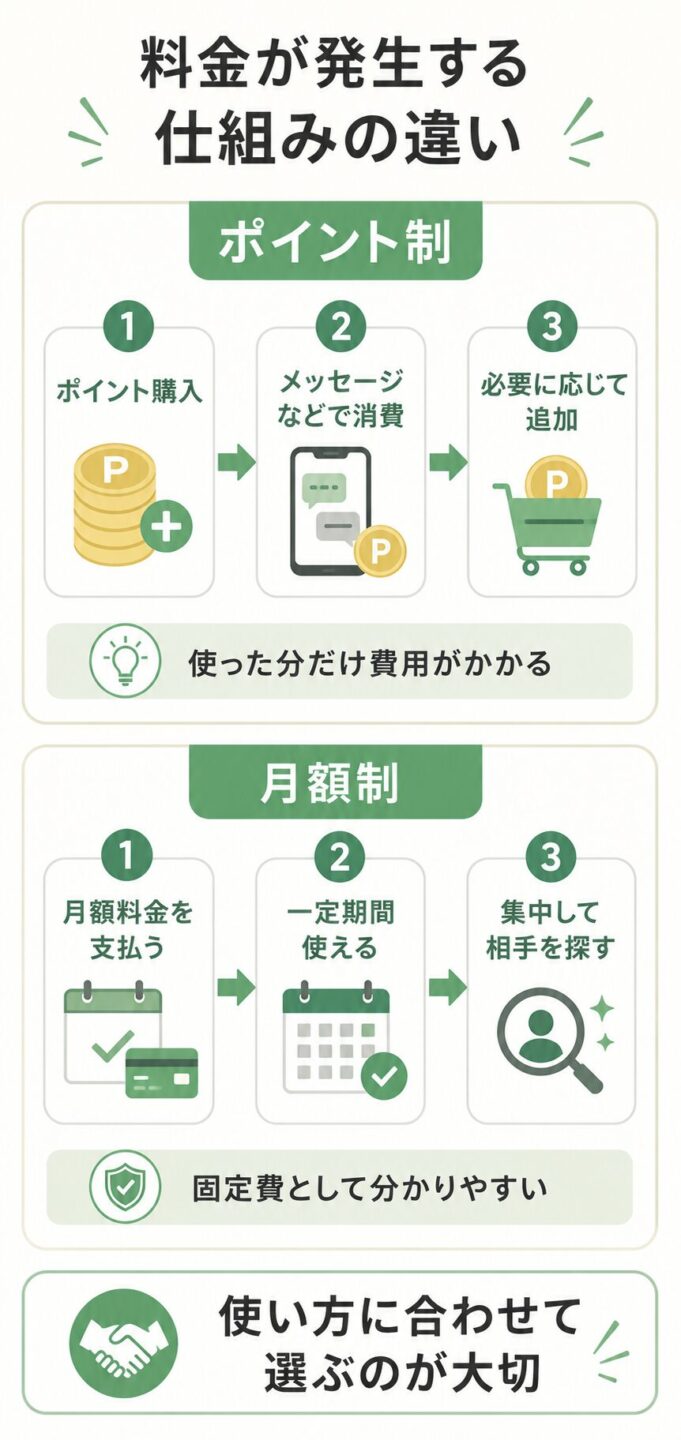 ポイント制と月額制の料金が発生する仕組みを比較したフローチャート