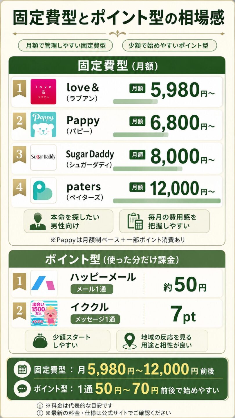 男性向けパパ活アプリの料金相場と初期費用の目安を解説する画像