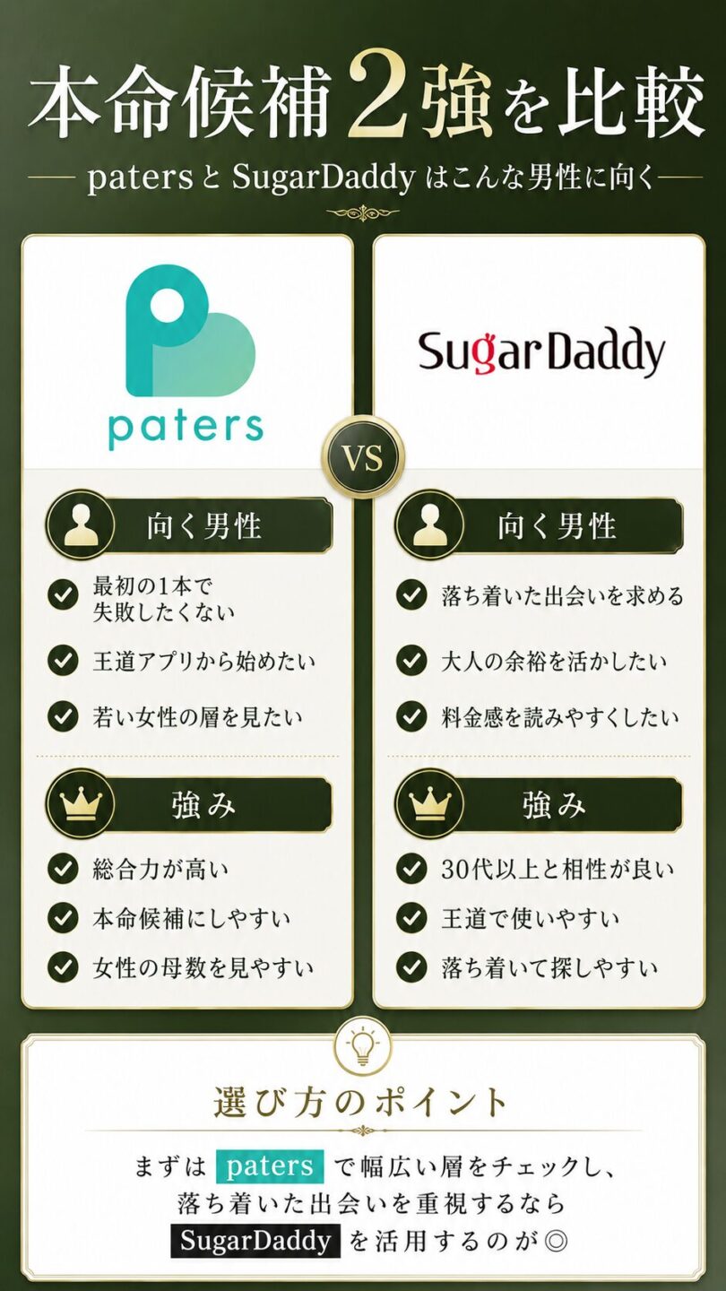 男性向けパパ活アプリの本命候補と選び方を解説する画像