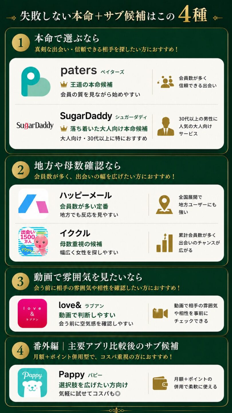 paters・SugarDaddy・love&・ハッピーメール・イククル・Pappyを比較する男性向けパパ活アプリ6選のトップ画像