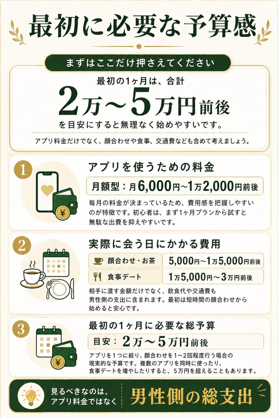 初心者男性がパパ活アプリを始める最初の1ヶ月の予算目安を解説する画像