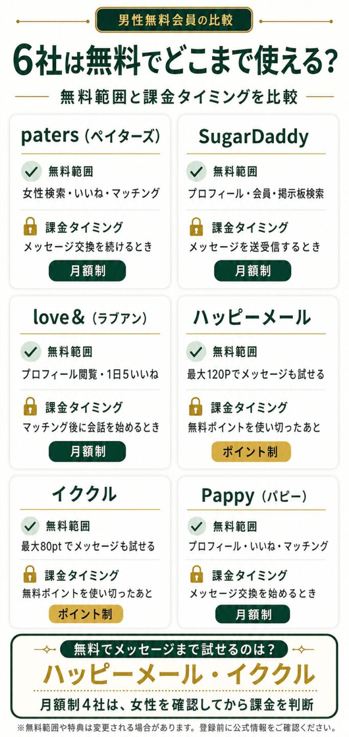 男性が無料で使えるパパ活アプリ6社の範囲と課金タイミングを比較する画像