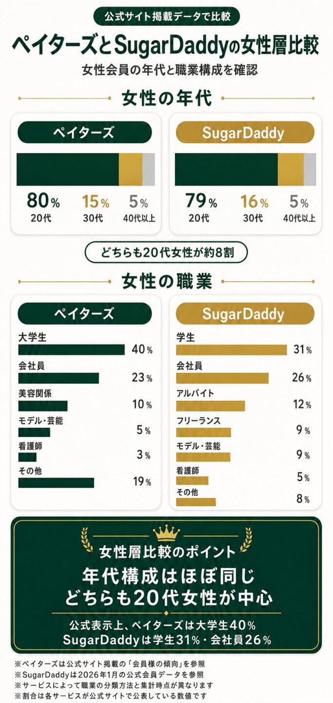 ペイターズとSugarDaddyの女性会員の年代や職業を比較する画像