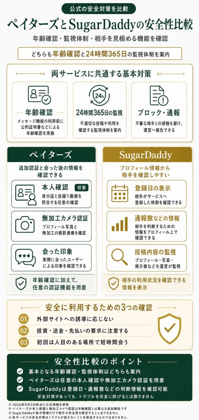 ペイターズとSugarDaddyの安全対策や本人確認機能を比較する画像