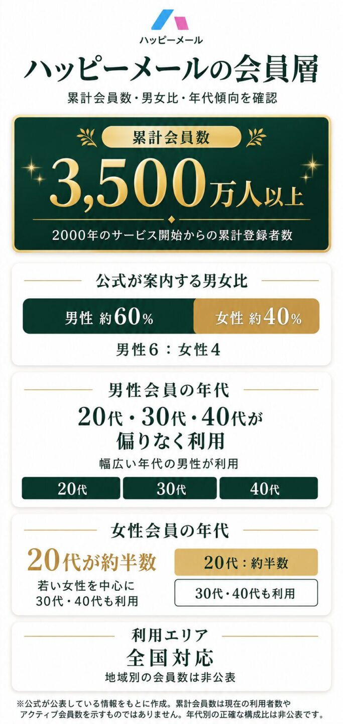 ハッピーメールの累計会員数や男女比など会員層データを解説する画像