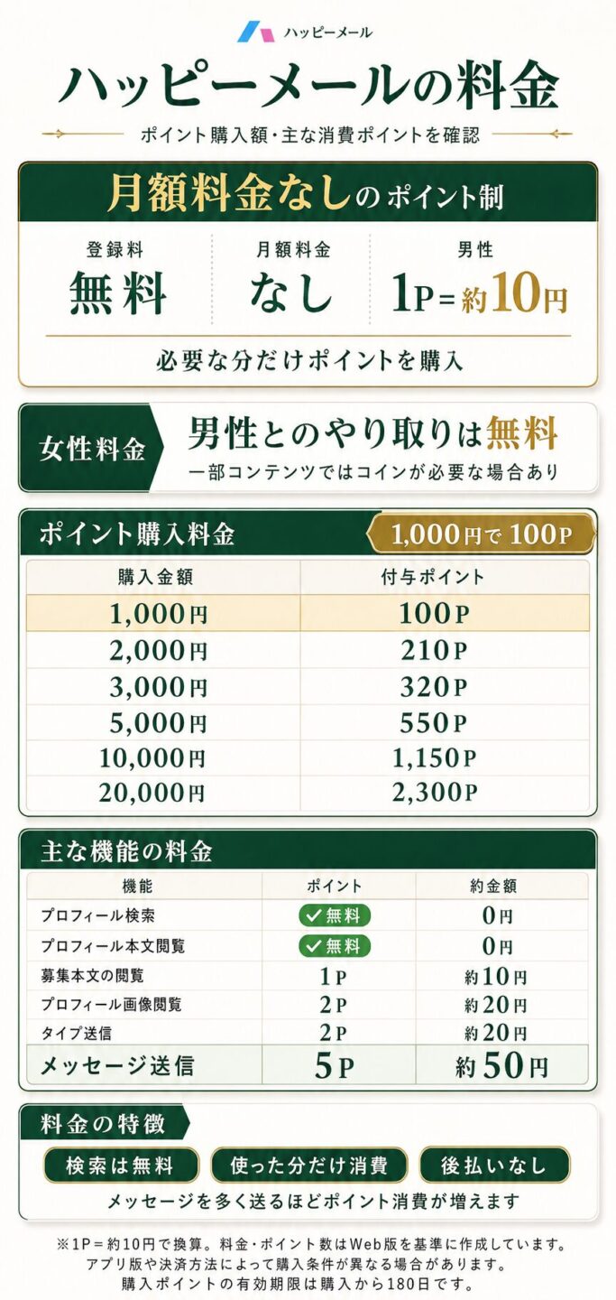 ハッピーメールの男性料金とポイント消費の目安を解説する画像