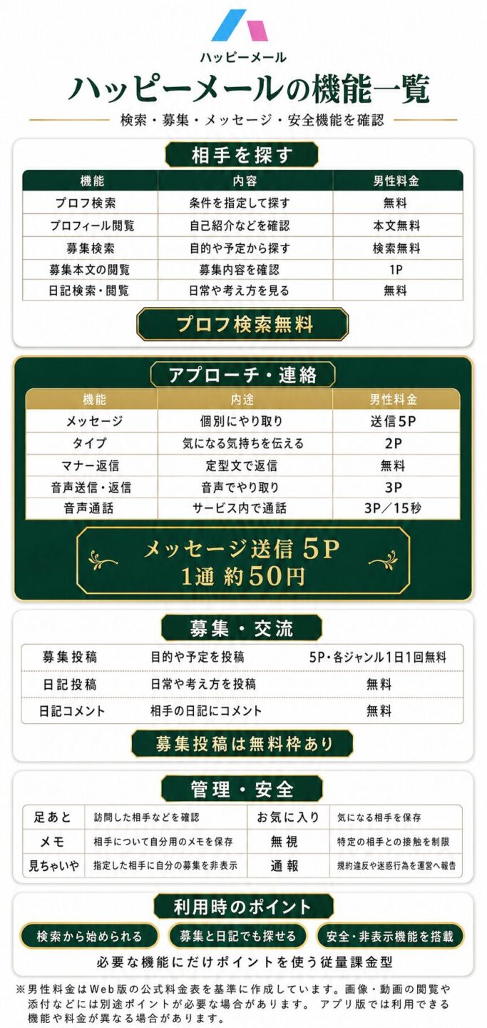 ハッピーメールの検索・募集・日記など主な機能を解説する画像